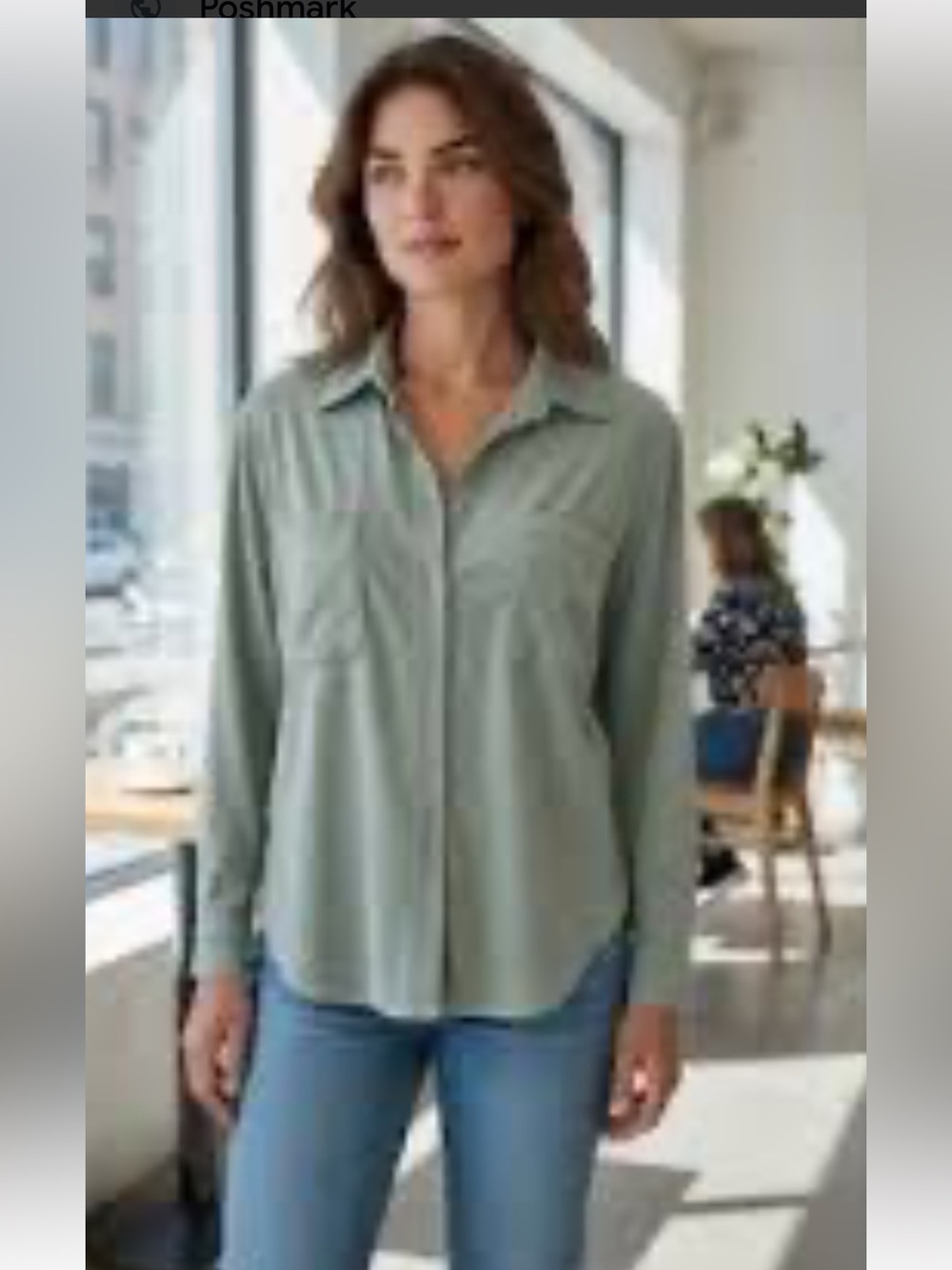 Grace Sage Long-Sleeve button-up shirt dual chest pockets faux-suede size Large
